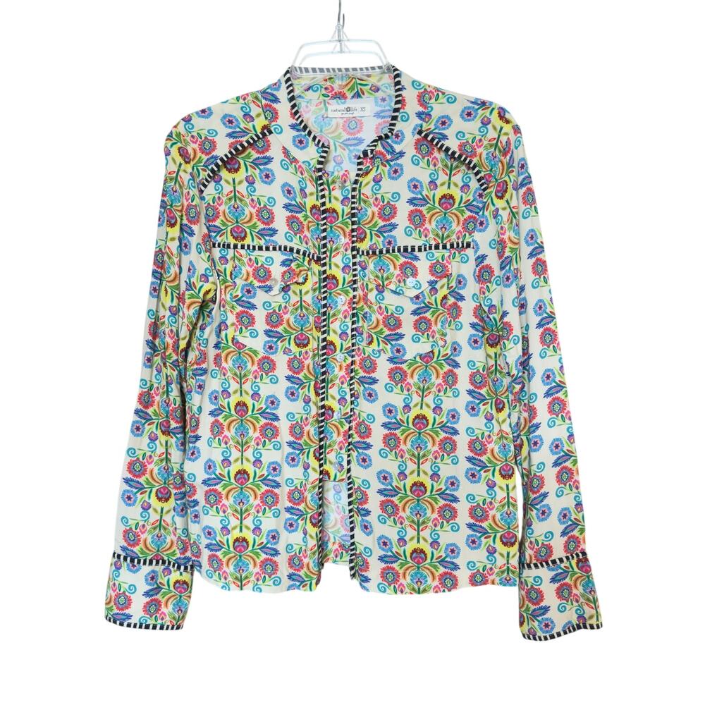 Natural Life Calypso Button Down Top in Cream Multi Fan Floral Size XS
